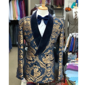 Floral Slim Fit Double-Breasted Blazer for Men with Velvet Shawl Lapel